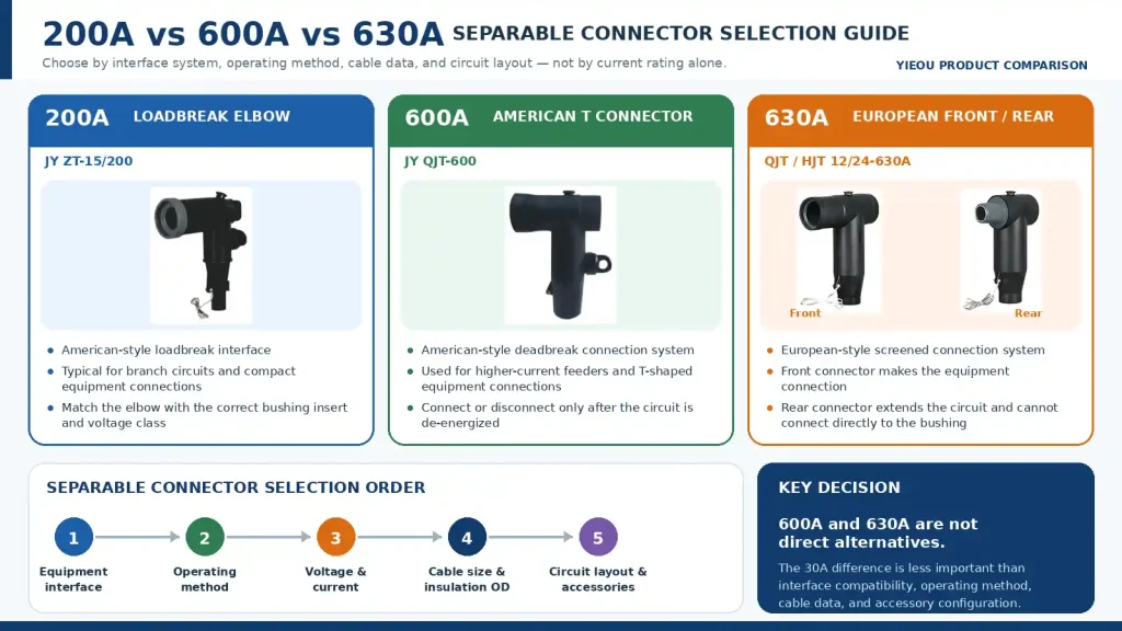 infografica connettore separabile yieou-200A vs 600A vs 630A